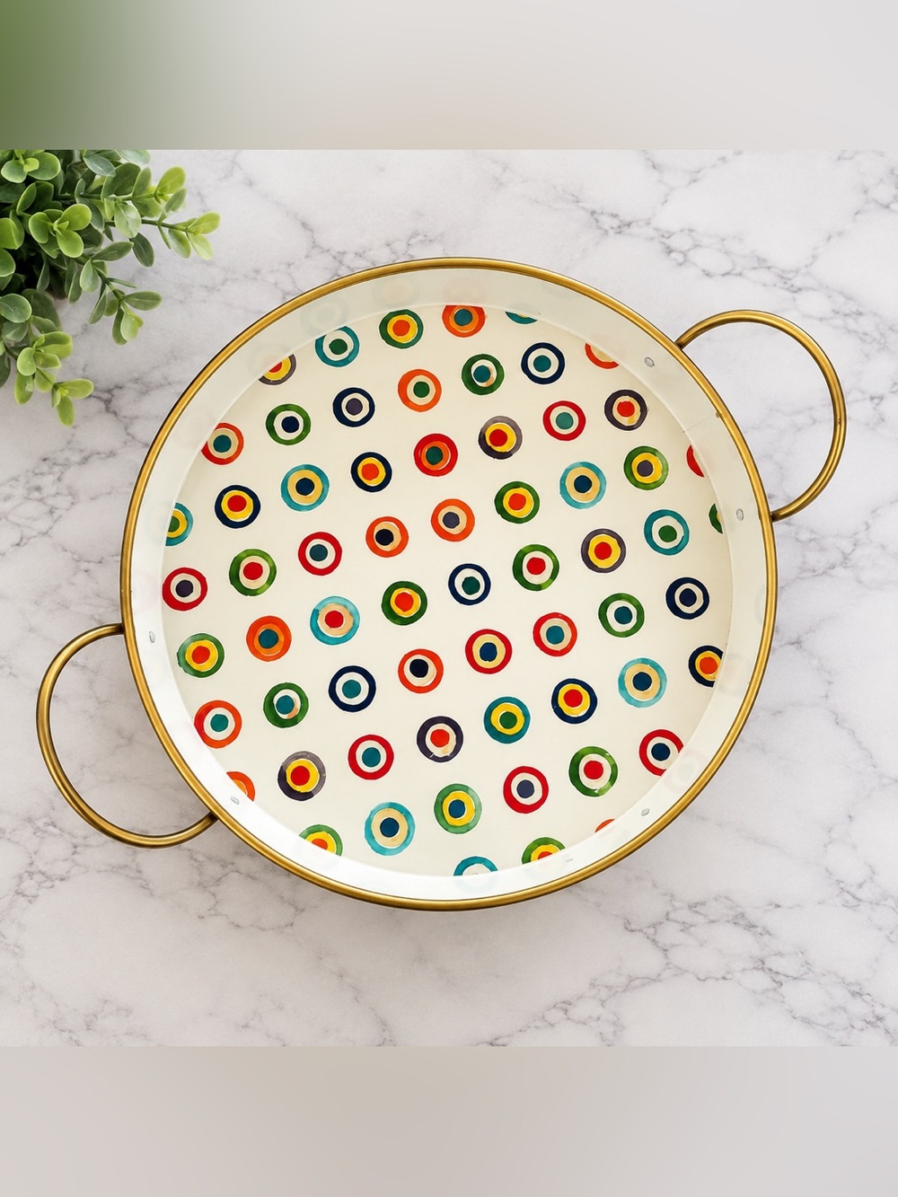 MacKenzie-Childs Small Enamel Dot Serving Tray Gold Handles 12”